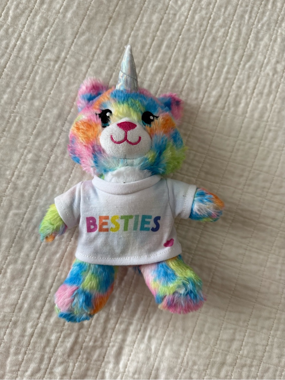 Build-A-Bear Rainbow Plush with Multicolor Fur wearing a Besties shirt